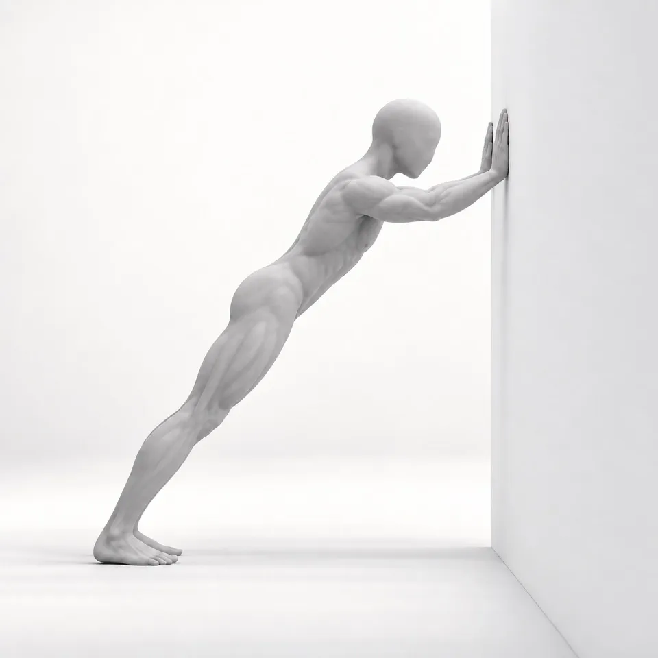 Wall-supported squat with heel raise. Position 1 of 2