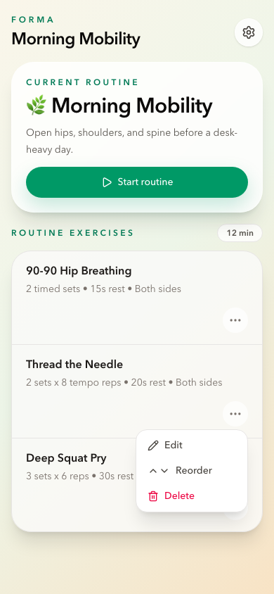 Forma routine screen with exercises and routine actions