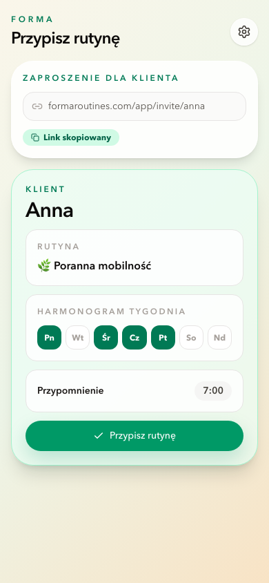 Ekran przypisywania rutyny Forma z linkiem zaproszenia i harmonogramem tygodnia