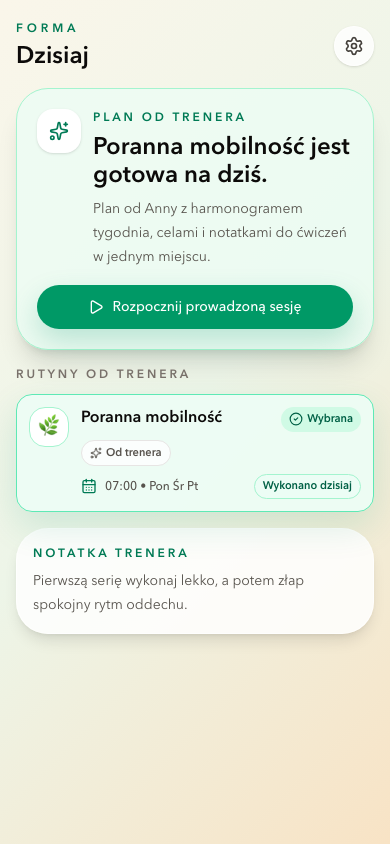 Aplikacja Forma klienta z planem przypisanym przez trenera, harmonogramem i notatką