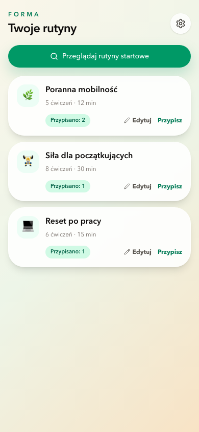 Lista rutyn trenera Forma z akcjami edycji i przypisania