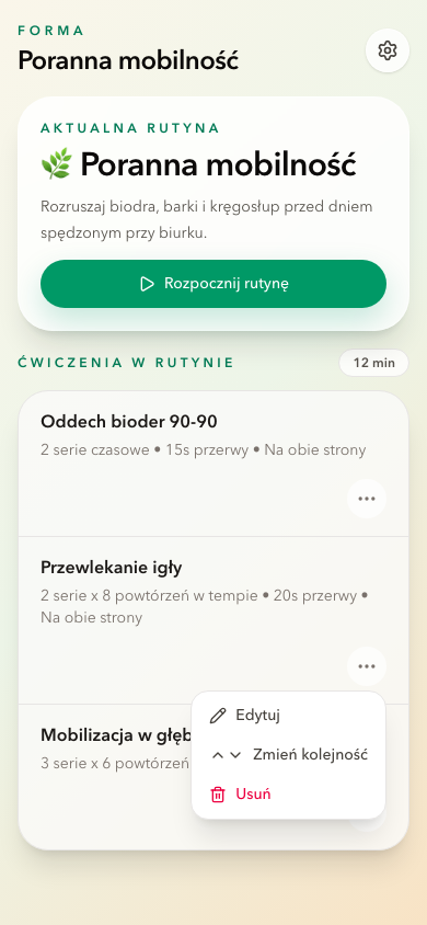 Ekran rutyny Forma z ćwiczeniami i akcjami rutyny