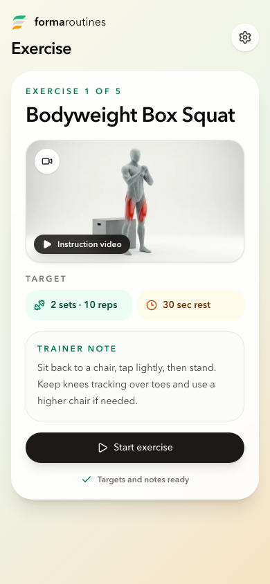 Forma exercise preview with an instruction video, target, and practitioner note